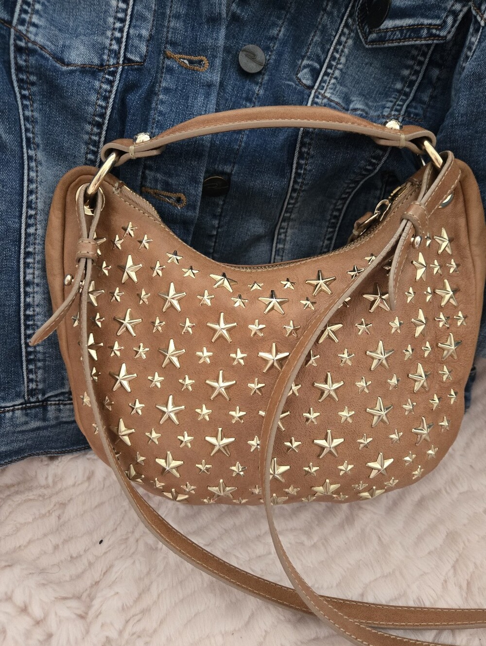 Authentic JIMMY CHOO Sky Star Studded Camel Leather Hobo Sloutch Satchel - Picture 2 of 16